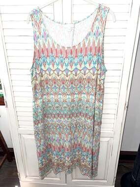 J Jill Ikat Print Ultra-Soft Sleeveless Dress Pockets Multicolor Large
